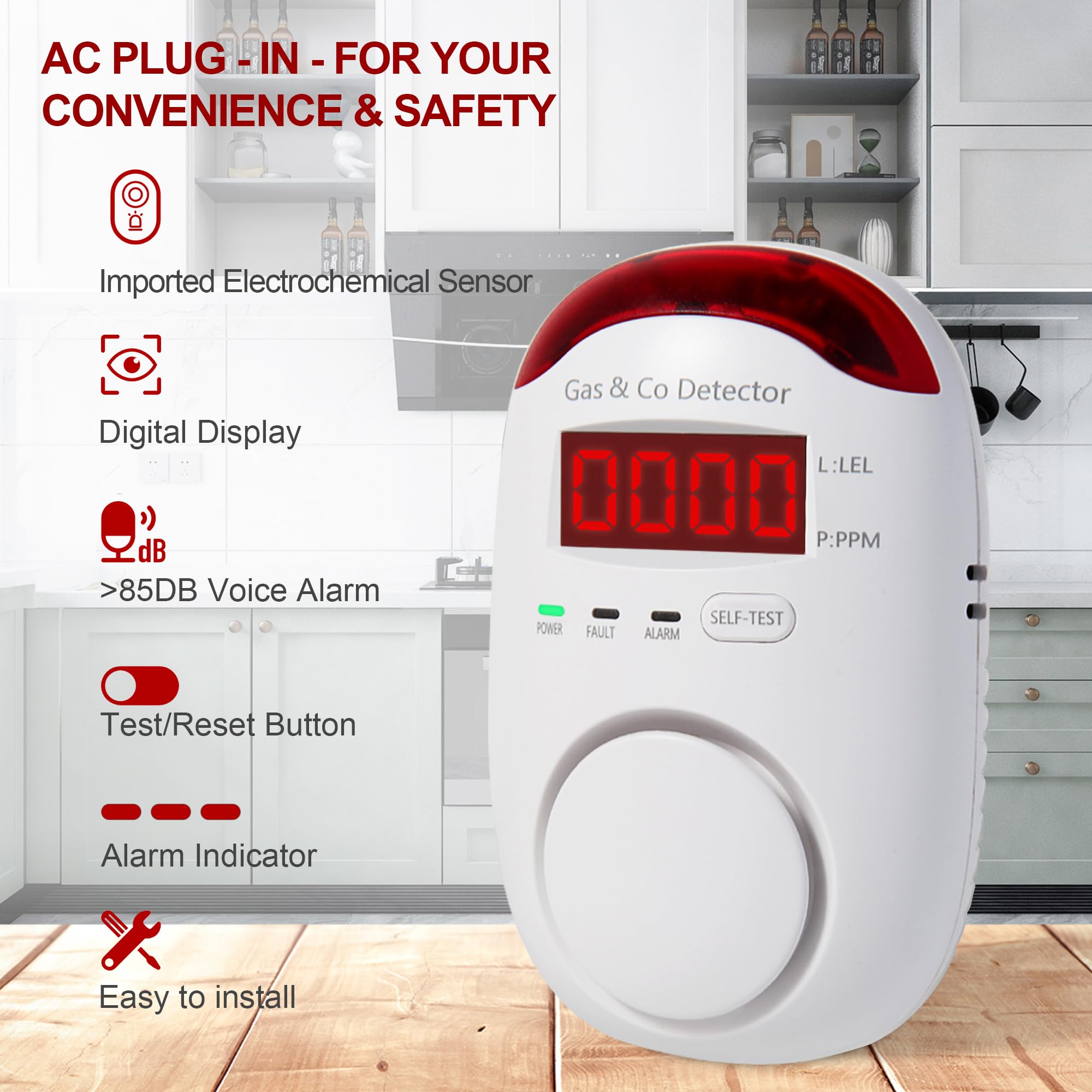 Co Detector Plug - Kombinierter Gas- und Kohlenmonoxid-Detektor zum Einstecken,